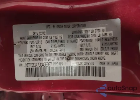 2013 Mazda Cx-9 Touring z USA, uszkodzony, nr VIN JM3TB3CA7D0406397